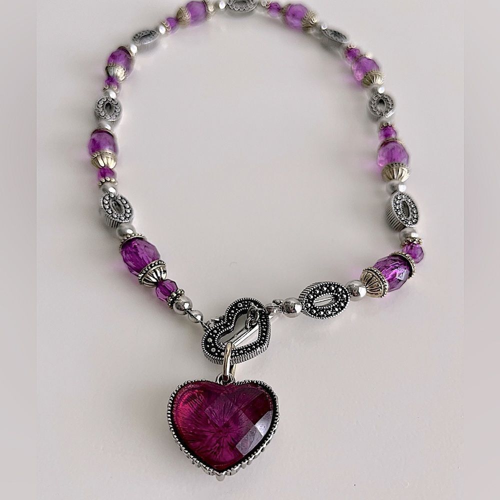 Two Sided Purple Acrylic Rhinestone Heart Silver-Tone Pendant Necklace
